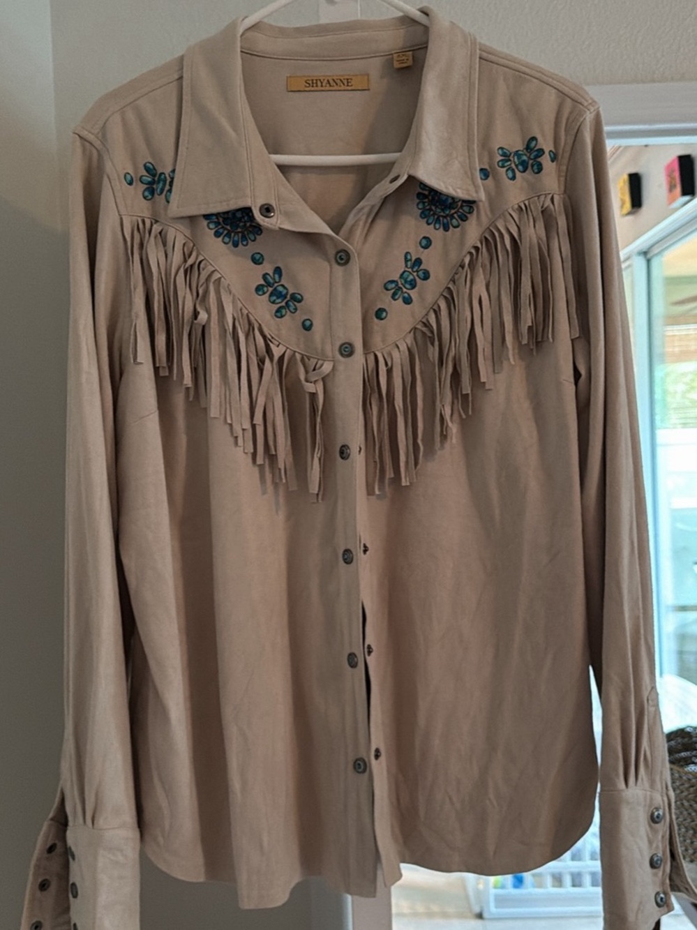 Shyanne Tan Fringe Button-Down with Teal Floral Accents